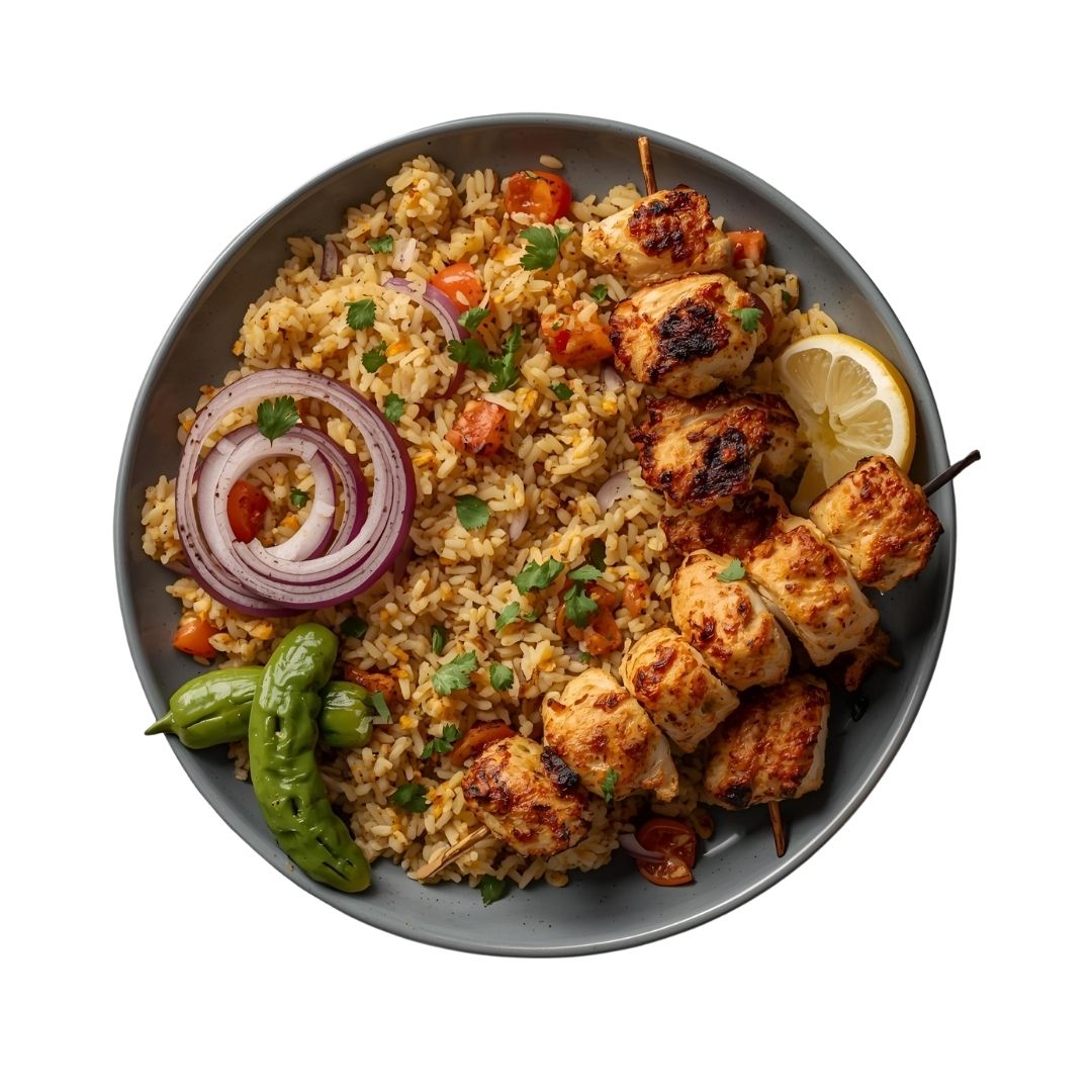 SAFFRON CHICKEN JOOJEH KEBABS WITH RICE